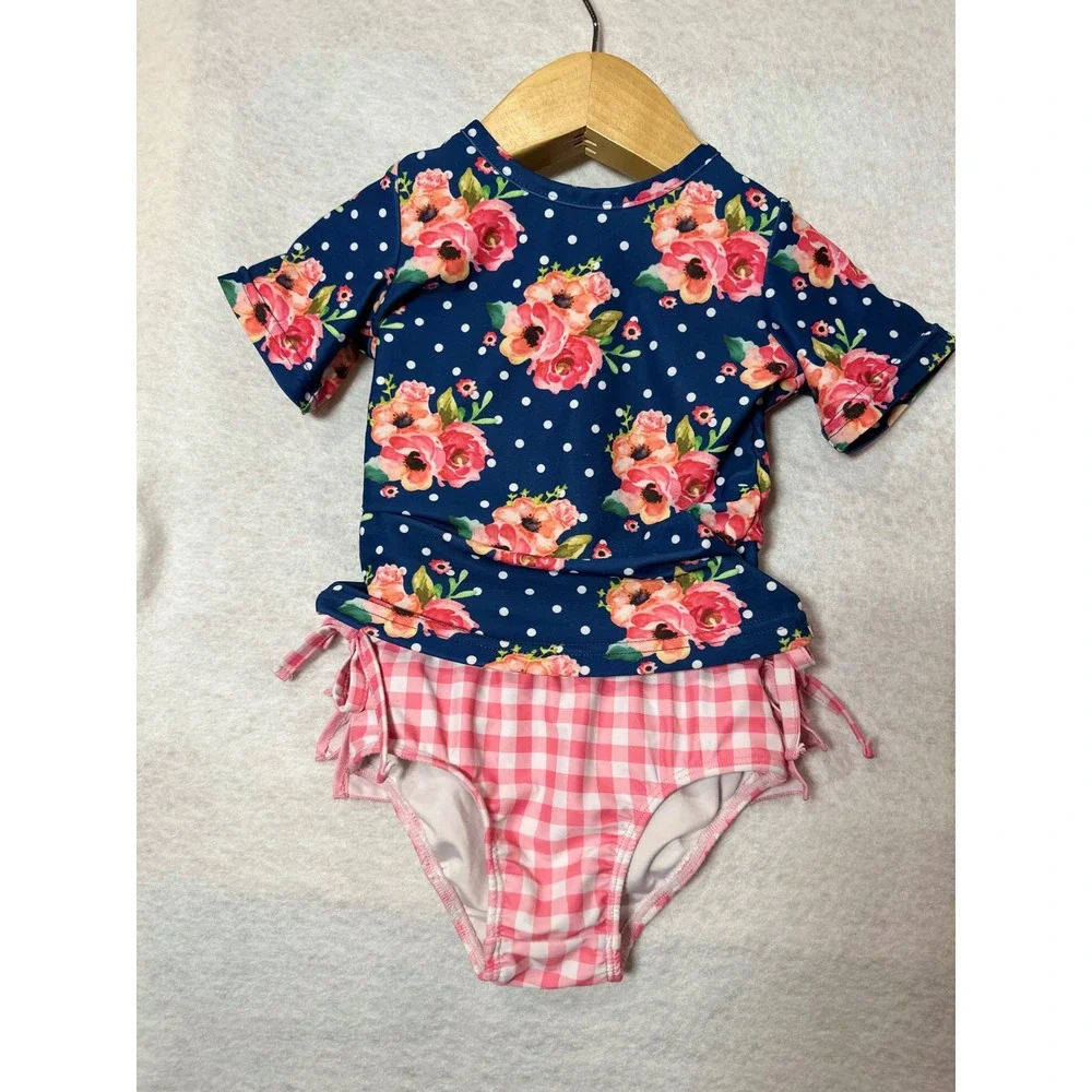 Oopsie Daisy Girls Navy Floral Polka Dot Rash Guard Gingham Ruffle Swimsuit 2t